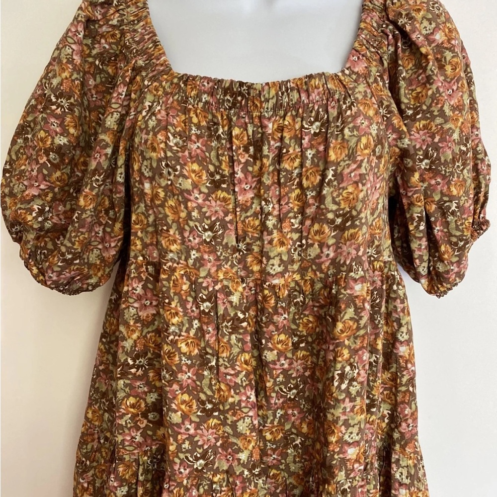 Wild Fable Brown Floral Short Puff Sleeve Boho Hippie Babydoll Dress. Small - Picture 9 of 15
